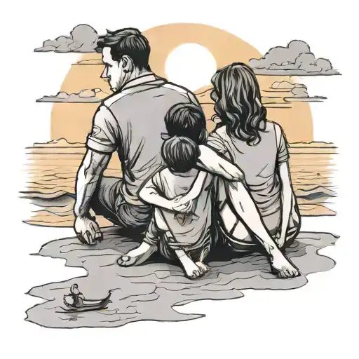 A boy, a mom and a dad sitting on the beach looking at the sunset tattoo design idea