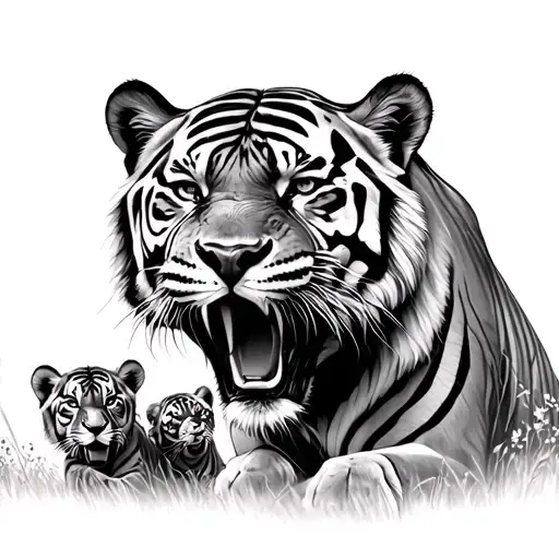 roaring tiger with 3 cubs playing in a field tattoo design idea