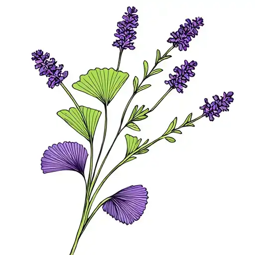 A minimalist design featuring lavender flowers and a gingko leaf intertwined to symbolize balance and growth tattoo design idea