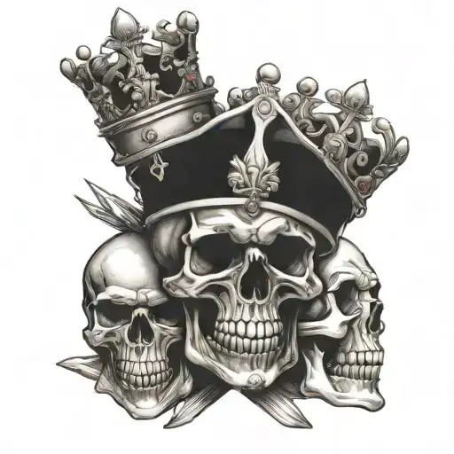 10 skulls of famous kings wearing their iconic crowns symbolizing royalty and death tattoo design idea