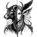 half taurus(bull) in left side of face and capricorn (goat) in right side of face bckground is seraphim angel and cobweb tattoo design idea
