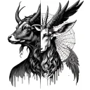 half taurus(bull) in left side of face and capricorn (goat) in right side of face bckground is seraphim angel and cobweb tattoo design idea