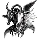 half taurus(bull) in left side of face and capricorn (goat) in right side of face bckground is seraphim angel and cobweb tattoo design idea