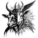 half taurus(bull) in left side of face and capricorn (goat) in right side of face bckground is seraphim angel and cobweb tattoo design idea