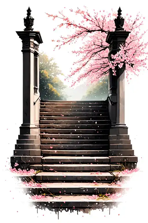 Heaven gates open with stairs using white ink splatter cherry blossom tattoo design idea