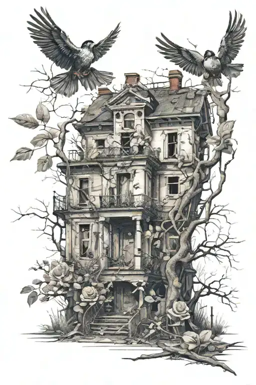 the bird flying away Abandoned Stalin-era house, roses, tree roots tattoo design idea