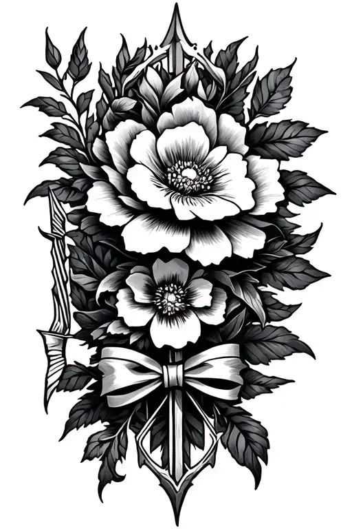 narcist flower and bow n arrow tattoo design idea