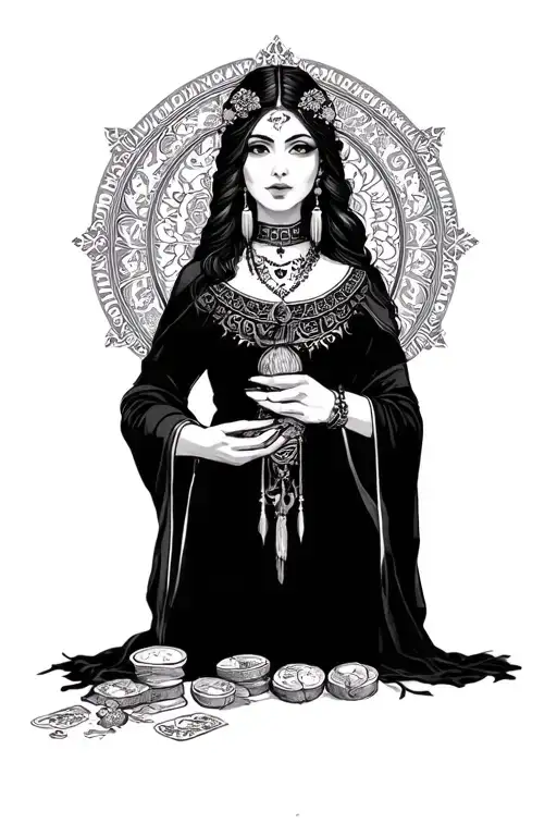 neo traditional fortune teller woman holding tattoo design idea