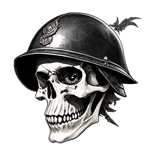 Skull realistic, black eye, german helm tattoo design idea