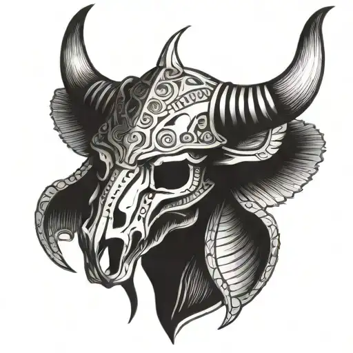 bull skull wearing gladiator helmet tattoo design idea