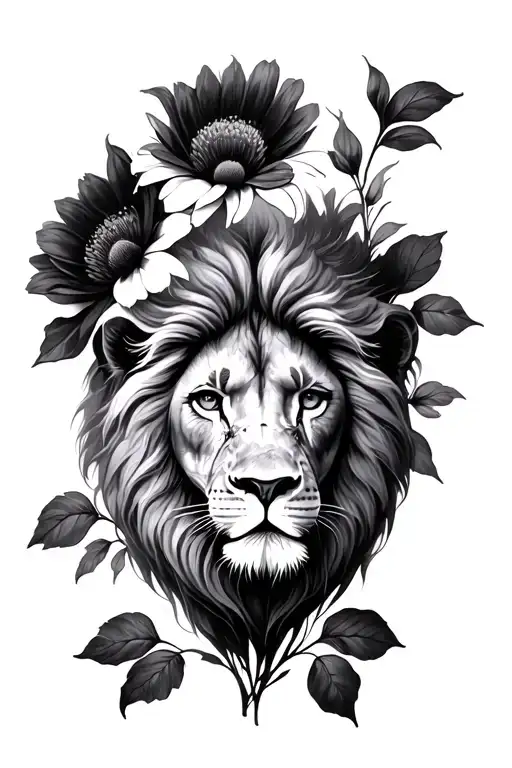 pencil sketch lion face intoflowers.two children's heartache and strength of losing a husband but finding love again tattoo design idea