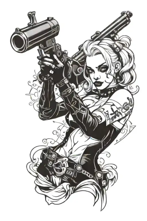 harly quinn seductively licking a gun tattoo design idea