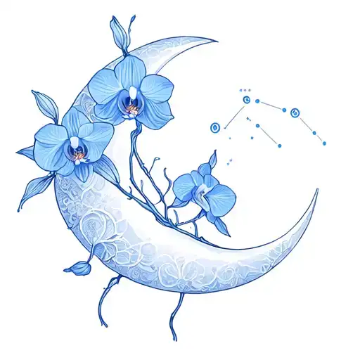 Aquarius constellation, blue orchids, moon tattoo design idea
