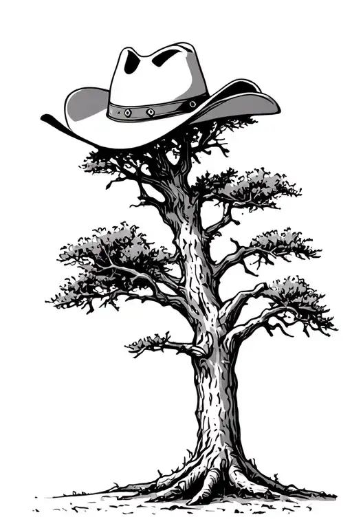 Cypress tree with cowboy hat leaning on it. Think Hank Williams SR tribute + 1950s ish style drawing tattoo design idea
