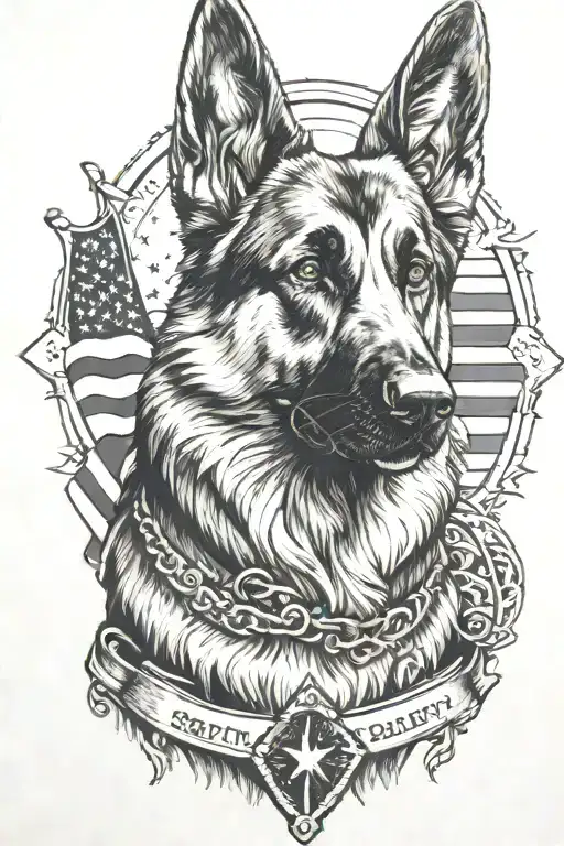 German shepherd portrait with bracelet saying diabetic mountain scene American flag tattoo design idea