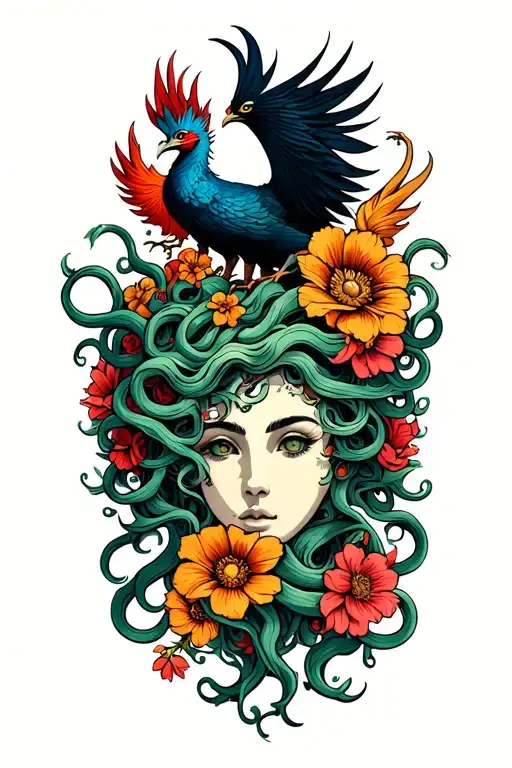 Medusa with a face showing strength surrounded by flowers with a pheonix emerging from the top of the head from some of  tattoo design idea