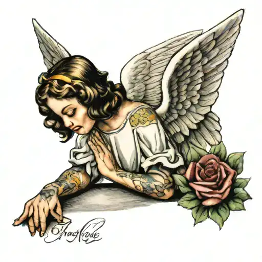 angel praying with name Leah over head with Bible verse around her tattoo design idea