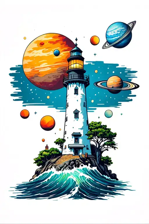 lighthouse sea planets orbiting tattoo design idea