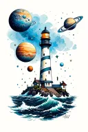 lighthouse sea planets orbiting tattoo design idea