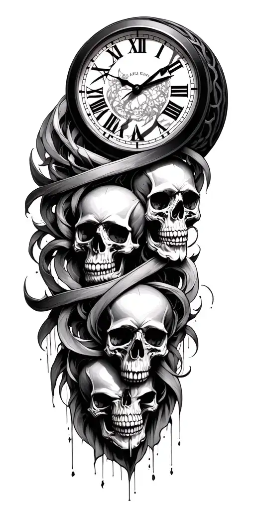 An intricate skulls design intertwined with clock. tattoo design idea