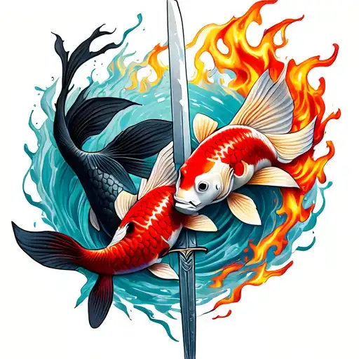 Two koi fish (one black and one red) swim in fire in the middle of a double -edged sword tattoo design idea