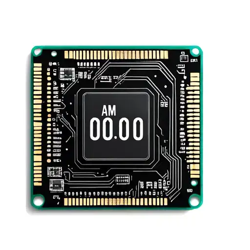 Highly detailed small circuit board lines and processor in the middle a digital clock displays  the time AM 00:00:00  tattoo design idea