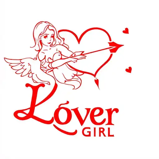 Generate a red tattoo of the word lover girl with the dot of the I being a heart and Cupid shooting an arrow  tattoo design idea