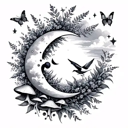 One small tattoo design that has vines, sun, moon, mushroom, butterfly, birds, clouds, the beatles, lavender, stars. The tattoo design idea
