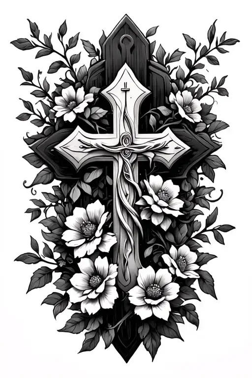 catholic cross wrapped in flowers and vines tattoo design idea