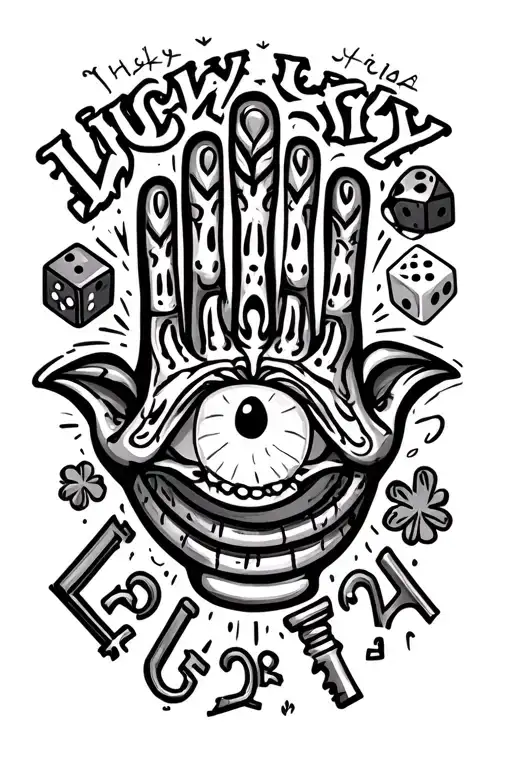 words "Lucky Lefty" four leaf clover skeleton key dice ladybug horseshoe hamsa hand and eye of Horus the number 224 tattoo design idea
