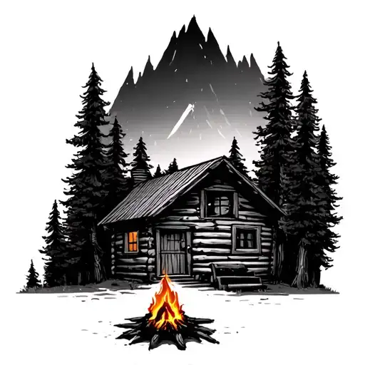 Small cabin surrounded by pine trees camp fire in front bigfoot peaking around a tree tattoo design idea