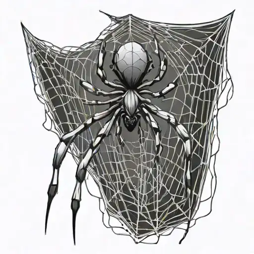 spider hanging form a web in cyber sigilism tattoo design idea