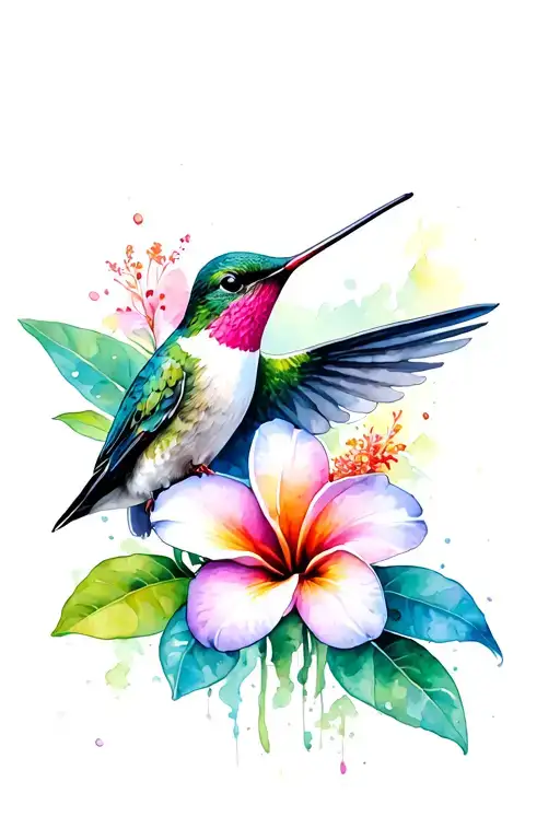 hummingbird and frangipani flower+hibiscus tattoo design idea