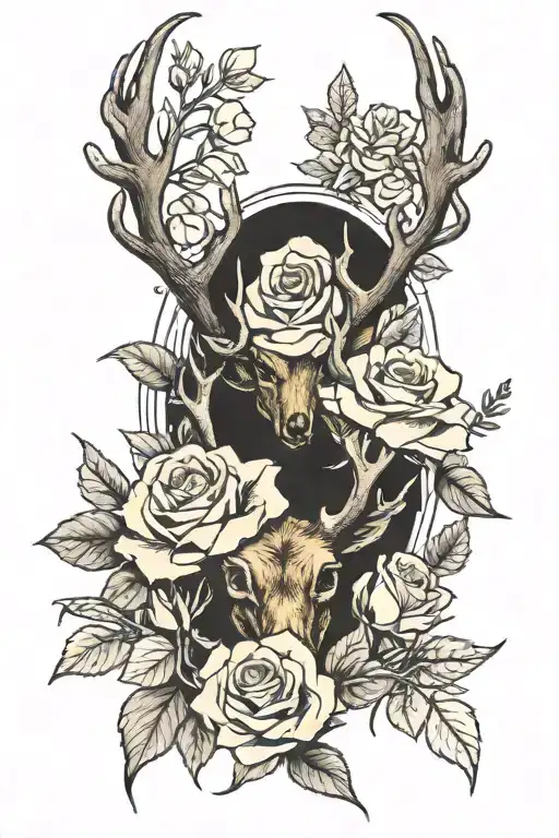 yellow roses with deer antlers tattoo design idea