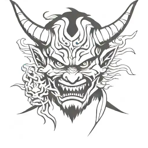 boy wearing an oni mask fighting off demons they know tattoo design idea