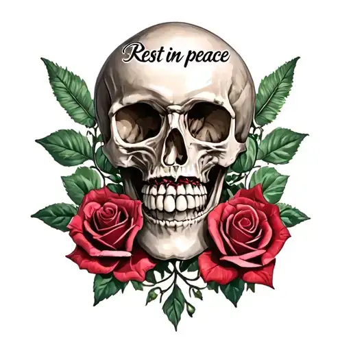 "Rest in peace " skull and roses tattoo design idea