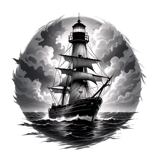 lighthouse storm ship sailing towards tattoo design idea