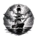 lighthouse storm ship sailing towards tattoo design idea