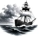 lighthouse storm ship sailing towards tattoo design idea