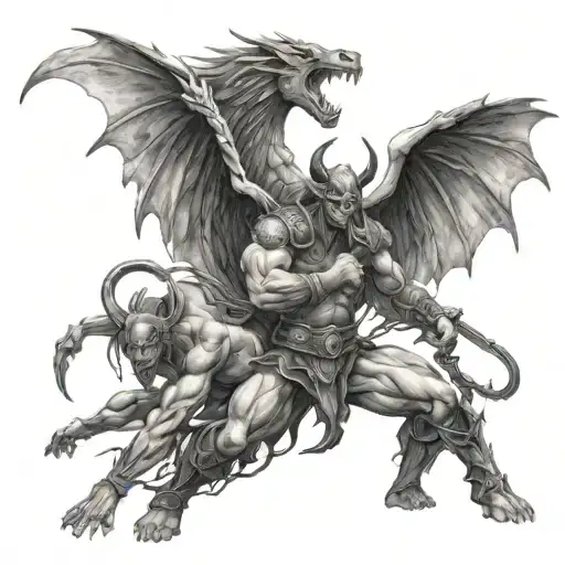 warrior angels fighting beast-like demons tattoo design idea