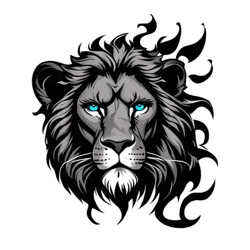 God's face with blue eyes and a lion behind tattoo design idea