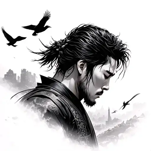 ronin side profile looking down with crows flying in the background black tattoo design idea