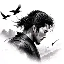 ronin side profile looking down with crows flying in the background black tattoo design idea