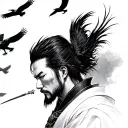 ronin side profile looking down with crows flying in the background black tattoo design idea