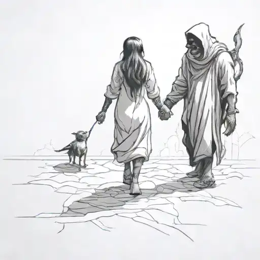a girl comforting a evil shadow creature walking together tattoo design idea