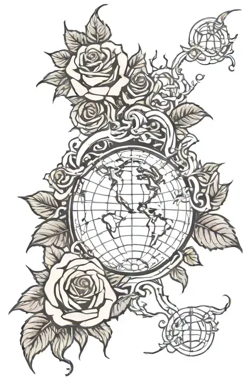 roses and thorns surrounding the globe symbolizing the beauty and pain of the world  tattoo design idea