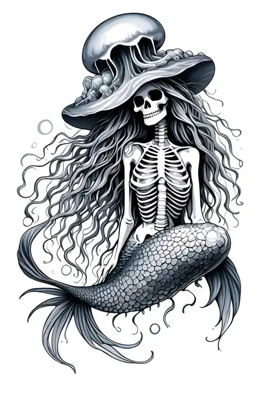 skeleton mermaid with jellyfish hat tattoo design idea