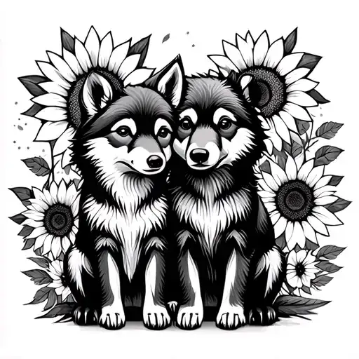  cute baby wolf and bear sitting with sunflowers and roses. black tattoo design idea