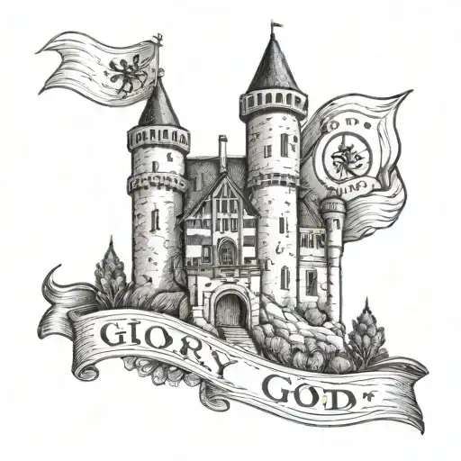 A medieval castle with a banner that reads 'Glory to God', showcasing devotion and honor tattoo design idea