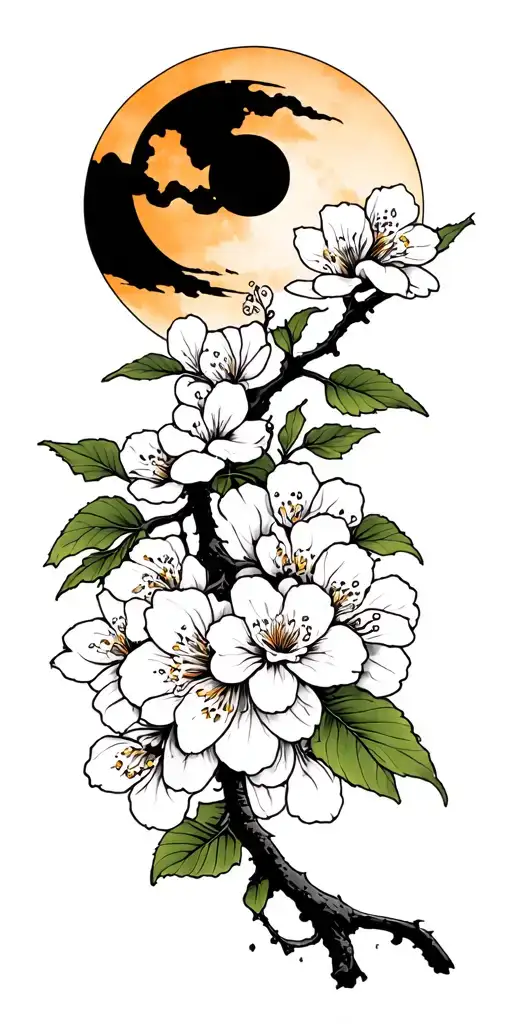 Japanese cherry with moon and sun in the background tattoo design idea